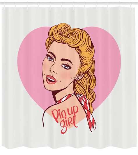 Pin Up Girl Shower Curtain Hand Drawn Effect Smiling Blonde Girl In Vintage Pin Up Style On
