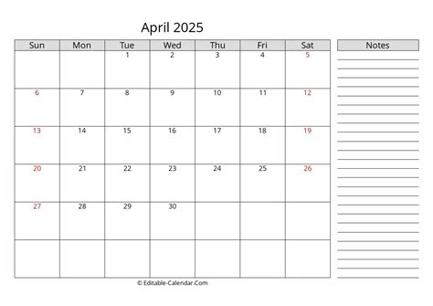 Download April 2025 Calendar With Notes Weeks Start On Sunday