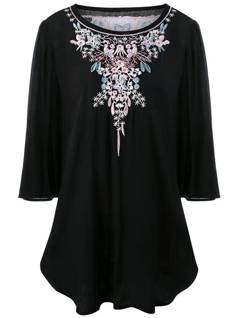 41 Off 2021 Plus Size Floral Embroidered Long Dressy Top In Black