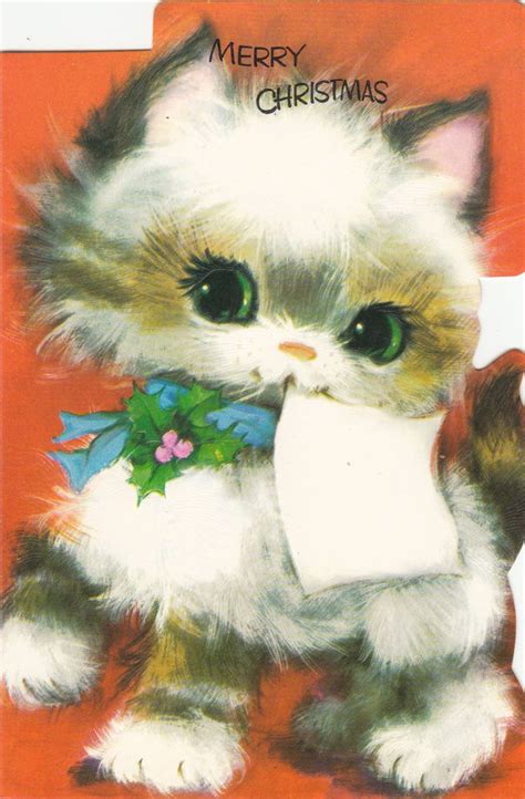 Merry Christmas Vintage Retro Kitsch Happy Cat 1970 S Greeting Card
