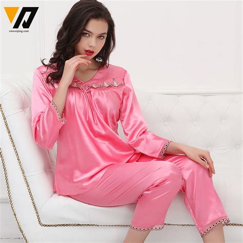 Xmweiping Ladies Elegant Silk Satin Sleepwear Long Sleeve Plus Size Pyjama Embroidery Pajama Set