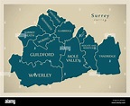 Modern Map - Surrey county with district captions England UK ...