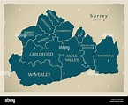 Modern Map - Surrey county with district captions England UK ...