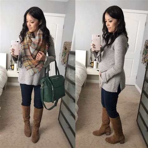 Maternity Casual Winter Look Grey Bell Sleeved Shirt Blanket Scarf Skinnies Boots
