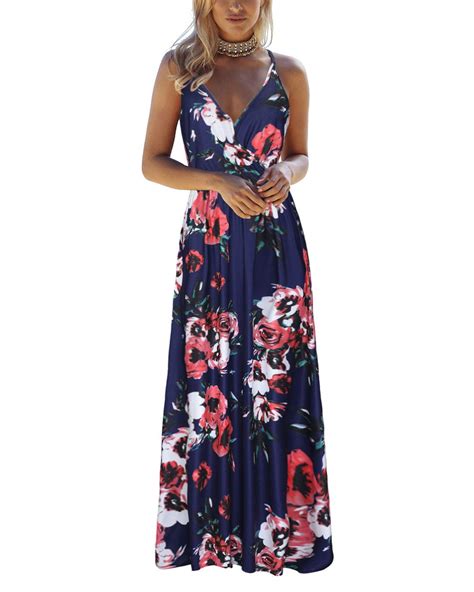 Ouges Womens Summer Maxi Dress V Neck Floral Adjustable Spaghetti Strap