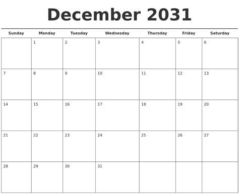 December 2031 Free Calendar Template