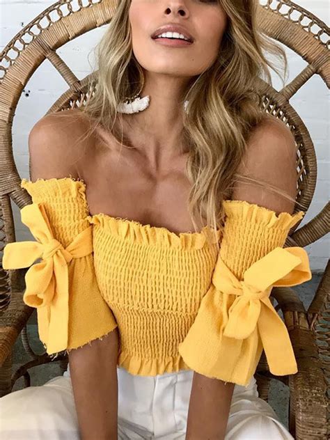 Yellow Off Shoulder Bow Tie Detail Crop Top Yellow Top Outfit