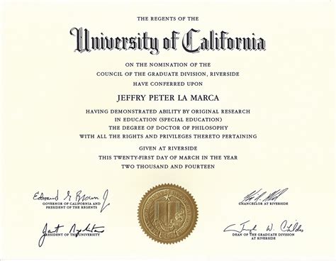 University Of California Doctoral Diploma Jeff La Marca Phd