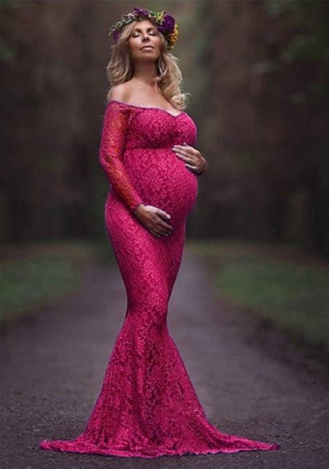 Rose Carmine Patchwork Lace Off Shoulder Mermaid Maternity Long Sleeve