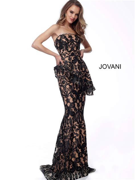 Jovani Black Nude Lace Asymmetric Evening Dress