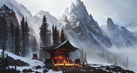 Wallpaper Ai Art AI Generated Stable Diffusion Snow Mountains Shrine Trees Candles