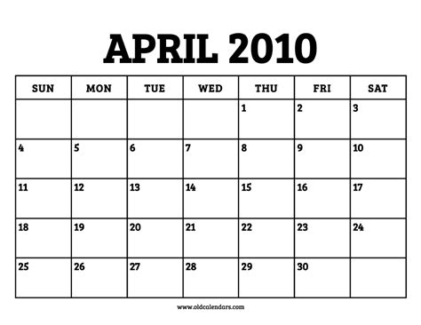 Calendar April 2010 Printable Old Calendars