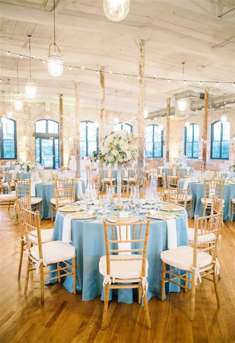 Sky Blue Tablecloths Gold Chiavari Chairs Classic Décor Meets Industrial Setting Aaron And