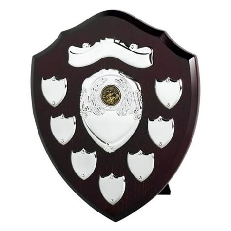 10in Dark Wood Awards Shield With Top Scroll And 7 Side Shields Awards