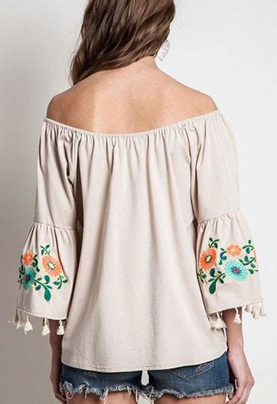 Off The Shoulder Floral Embroidered Tassel Bell Sleeve Top Beige