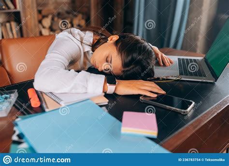 Young Beautiful Woman Fell Asleep At Her Desk Stock Photo Image Of