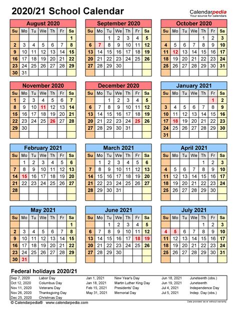 School Calendars 2020 2021 Free Printable Pdf Templates Gambaran