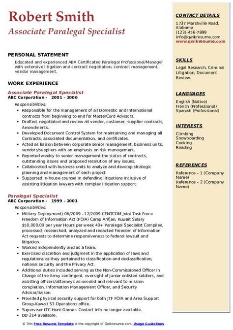 Paralegal Specialist Resume Samples Qwikresume