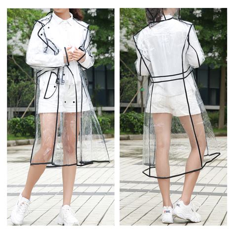 Fashion Transparent Clear Women Eva Pvc Belt Raincoat Hooded Rain Coat