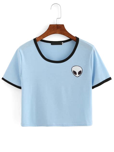 Camiseta Crop Estampado De Extraterrestre Con Cuello Redondo Azul