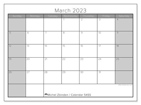 March 2023 Printable Calendar 54ss Michel Zbinden Uk