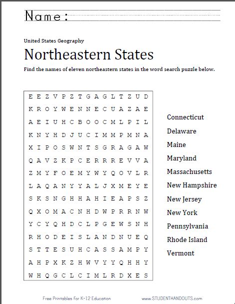 Northeastern States Word Search Puzzle Student Handouts