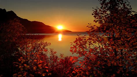 Landscape Nature Mountains Lake Trees Leaves Sun Sunset Reflection