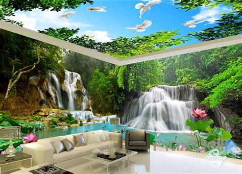 3d Mountain Waterfall Lilypad Lotus Entire Room Wallpaper Wall Mural A