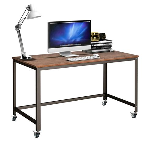 Costway Rolling Computer Desk Metal Frame Pc Laptop Table Wood Top