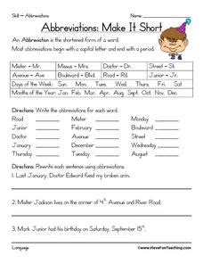 Abbreviations: Make It Short Worksheet for 3rd - 4th Grade | Lesson Planet