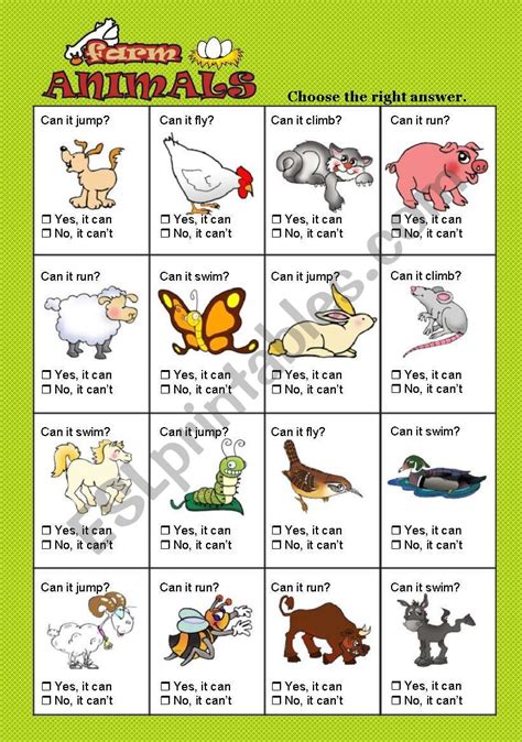 Farm Animals Can Can´t Test Esl Worksheet By Robirimini