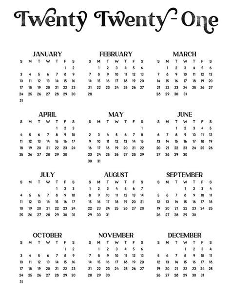1 Year Small Calendar 2021 Template Free Printable