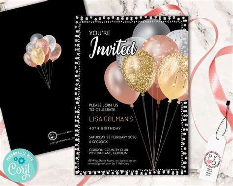 Metallic Birthday Balloons Invitation Printable Template Black Gold