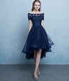 Dark blue lace tulle short prom dress, high low evening dress on Storenvy