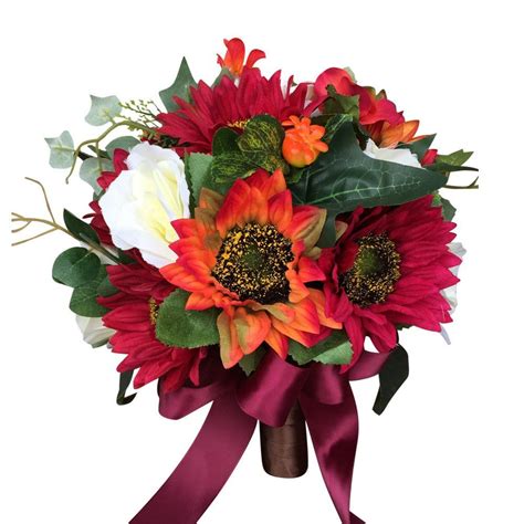 10 Bridal Bouquet Burgundy And Orange Sunflower Bouquet