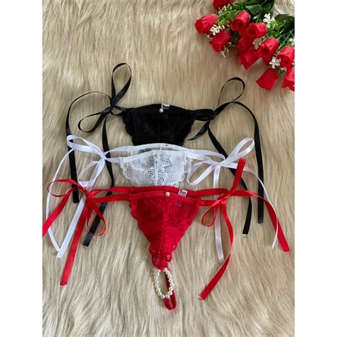 kit 3 calcinha tailandesa com fita cetim nas laterias lingerie sexy pérolas shopee brasil