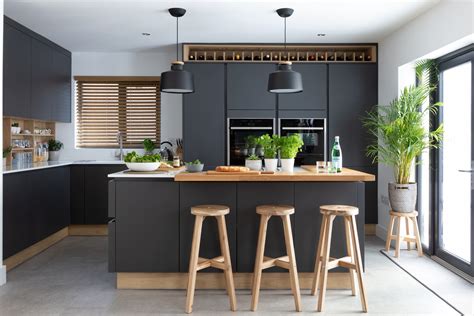 Stunning Modern Handleless Kitchen Mixing Dark Grey And Wood Effect