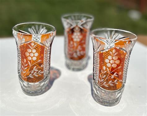Vintage Bohemia Crystalite Cut Tulip Drinking Glasses Orange 70s Etsy