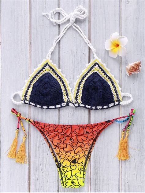 [16 off] 2021 heart print crocheted bikini set in purplish blue zaful