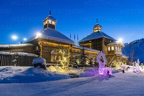 Beautiful Traditional Wooden House After Sunset Yakutsk Sakha