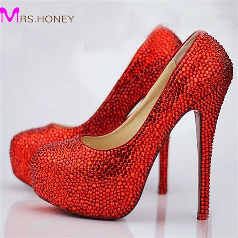Glitter Rhinestone Red Wedding Shoes New 2016 Fashion Platform Crystal Women Pumps Red Bottom