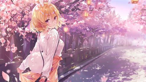 Download 1366x768 Pretty Anime Girl Sakura Blossom Road Leaves