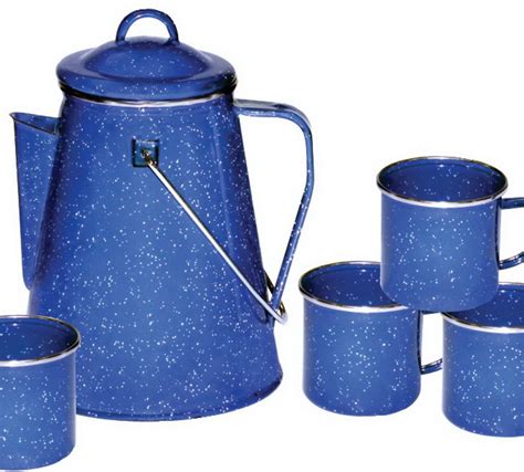 You can make a big pot of coffee and keep it hot for a long lazy morning at camp. Enamel Coffee Pot Percolator and Four Mugs. Use on camp ...