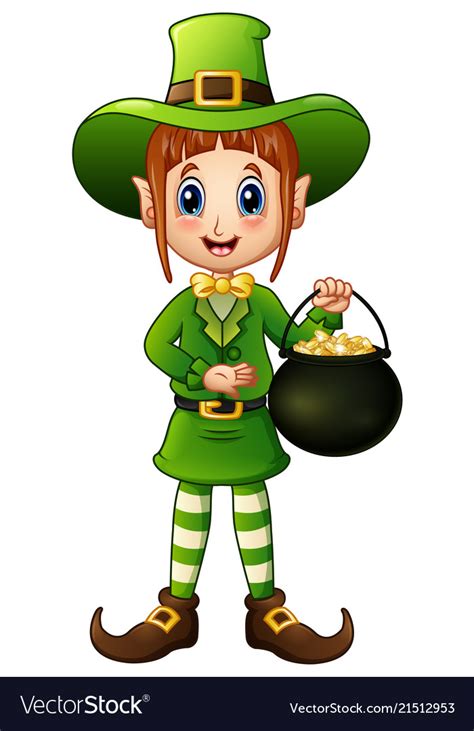 Cartoon Girl Leprechaun Holding A Pot Of Gold Vector Image