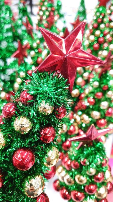 Christmas Star Red And Golden Christmas Tree Ornaments Stock Photo