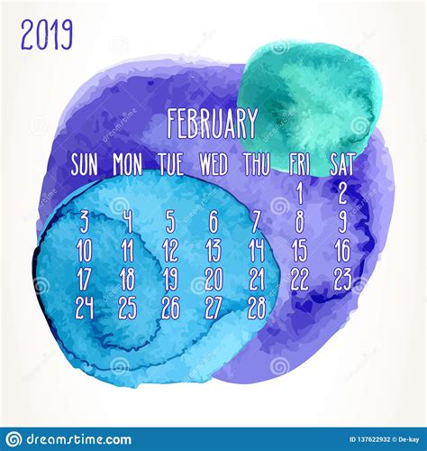 February Year 2019 Colorful Watercolor Paint Monthly Calendar Stock