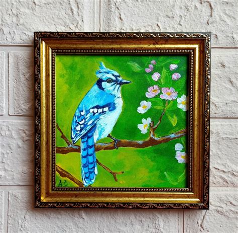 Blue Jay Bird Original Oil Painting Blue Jay On A Branch Wall Art