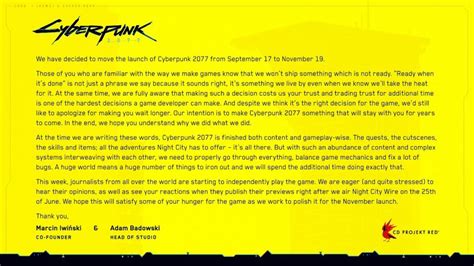 Marcin iwinski and adam badowski released a statement: Cyberpunk 2077 Release Date Delayed Again to November 2020