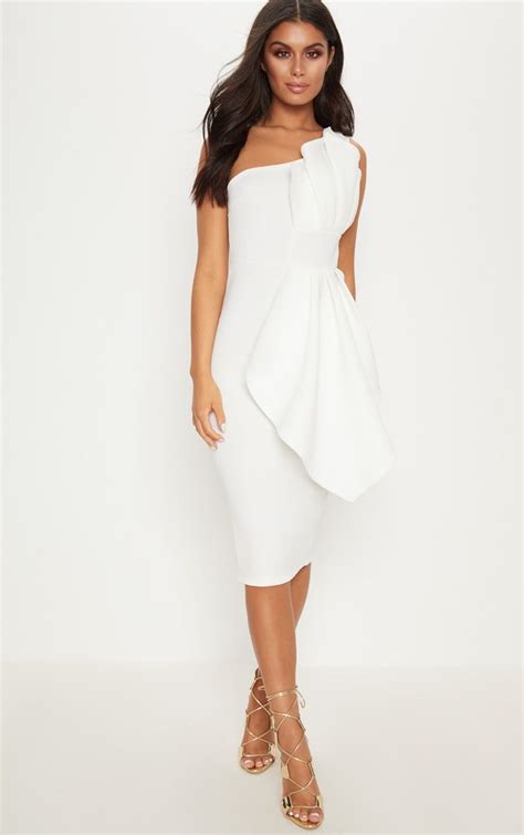 White One Shoulder Pleated Detail Midi Dress Midi Dress Dress White