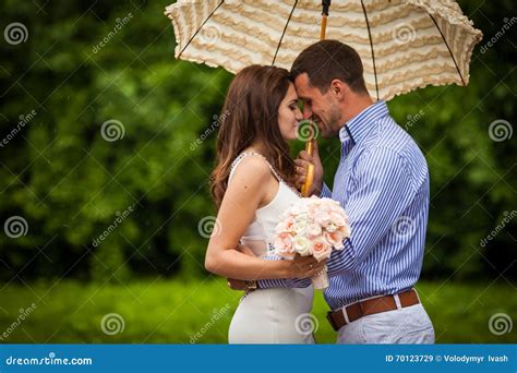 Romantic Beautiful Couple Hugging Under Elegant Umbrella Outdoor Stock